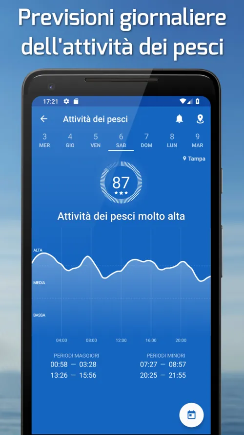 Schermata Attività dei pesci con punteggio 87 su Tampa e periodi maggiori 00:58-03:28 e 13:26-15:56