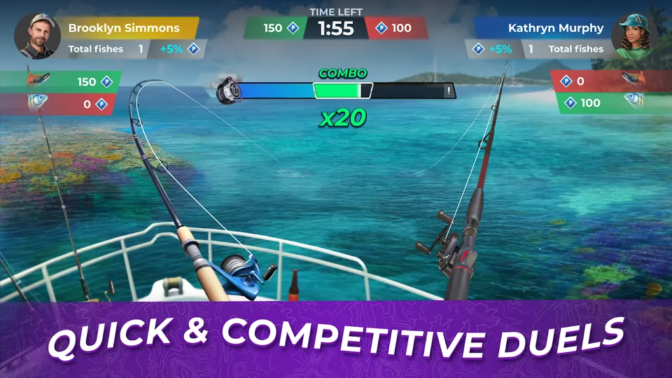 Duello da una barca su un mare tropicale con timer a 1:55, combo x20 e punteggi 150 contro 100