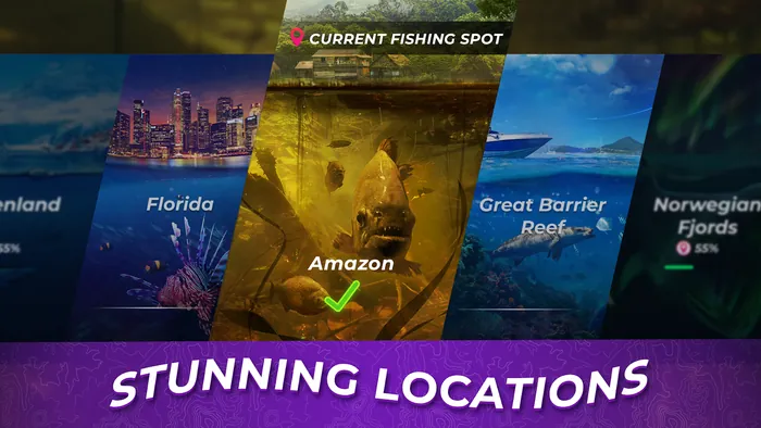 Selezione delle località con Florida, Amazon selezionato con un piranha, Great Barrier Reef e Norwegian Fjords al 55 per cento