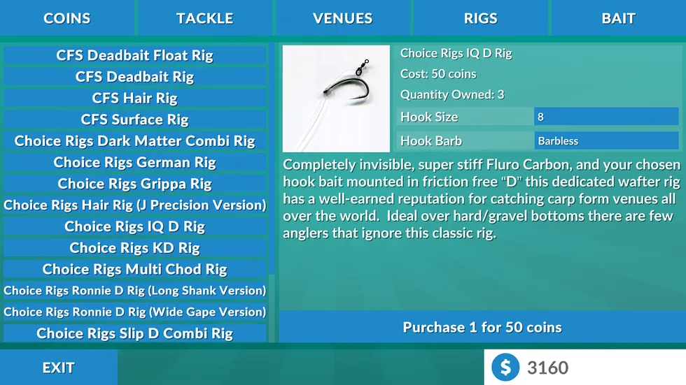 Negozio Rigs con la Choice Rigs IQ D Rig da 50 monete, amo misura 8 senza ardiglione