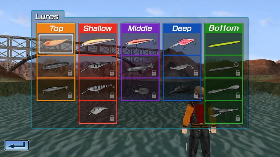 Menu Lures con cinque colonne Top, Shallow, Middle, Deep e Bottom e diciassette esche, quasi tutte col lucchetto