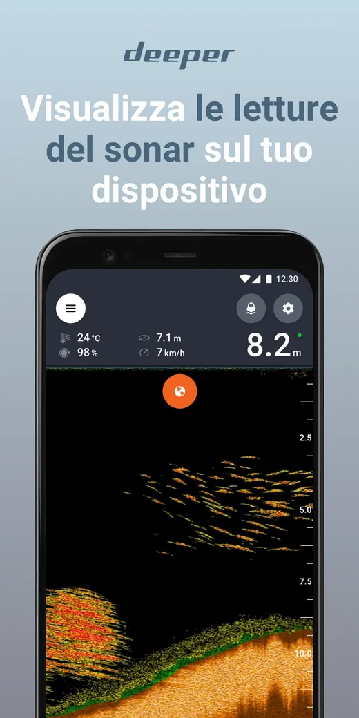 Schermo sonar Deeper con fondale a 8,2 metri, acqua a 24 gradi e un banco di pesci tra 2,5 e 5 metri